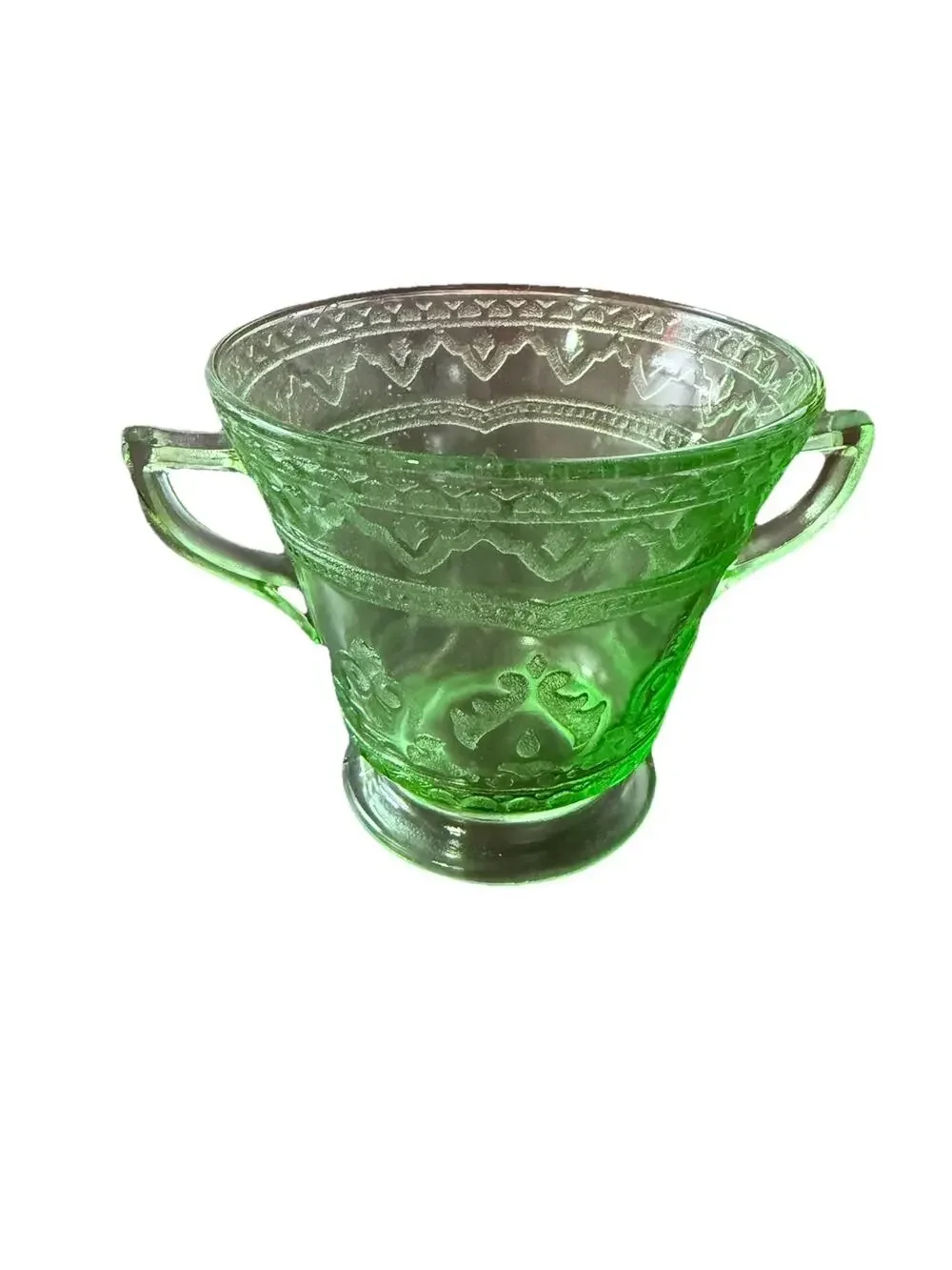 Vintage Green Vaseline Uranium Glass Depression Glass Sugar Bowl Cubist Pattern